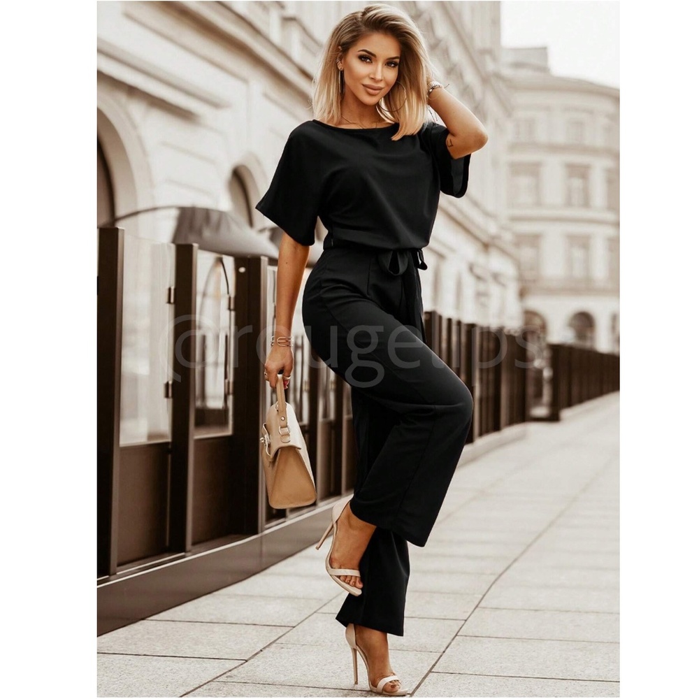 Black Jumpsuit Tie Belt Straight Leg Business Casual Short Sleeve - Picture 7 of 8
